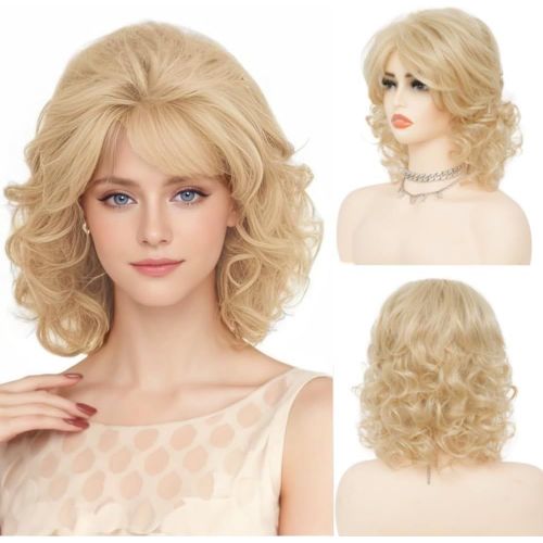 Kgabery-Short Curly Blonde Wig For Women Shoulder Length 70s 80s Natural Fiber Heat Resistant Cosplay Costume Party Club Party Wig