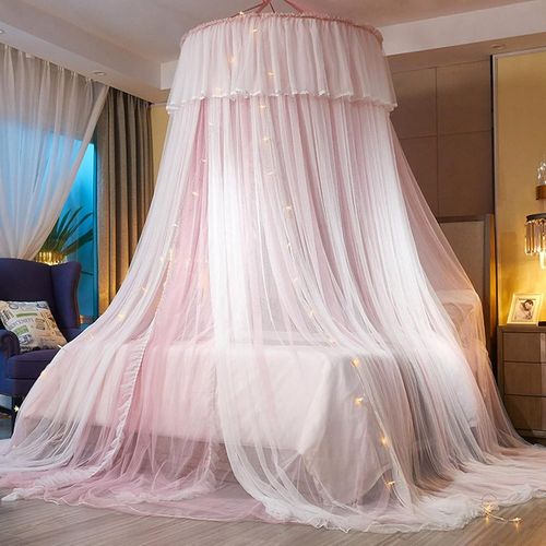 Anwxai-Baldaquin De Lit Princesse Pour Filles Rideau De Baldaquin Double Couche Voile Transparent Dôme Rideau De Lit En Dentelle Ronde Moustiquaire Detente Pour Décoration De Chambre(Rose/Blanc)