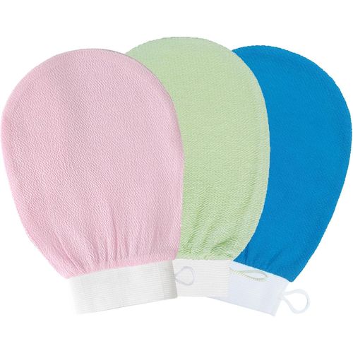 Yemaesre-3x Gant Exfoliant Corps, Gant Gommage Corps Avec Cordon De Suspension, Gants Exfoliants Pour Le Corps, Gant De Toilette Exfoliant, Sensation De Spa Agréable Sans Savon Noir - Rose & Vert & B 