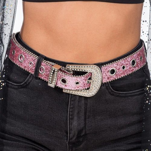 Ceinture Boucle Strass Paillettes 112x3.8cm Rose