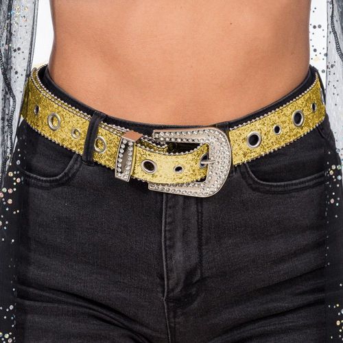Ceinture Boucle Strass Paillettes 112x3.8cm Or