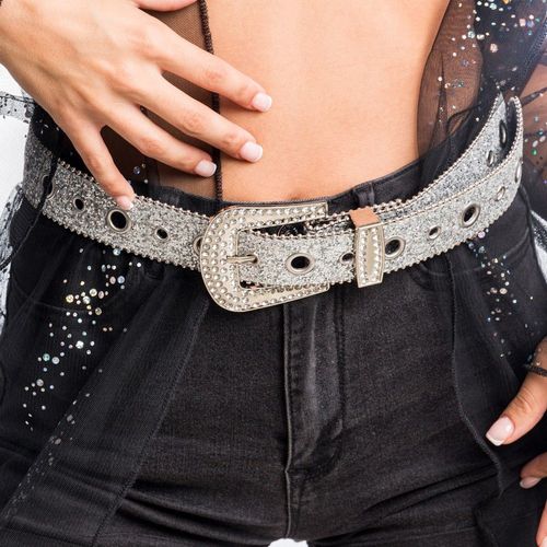 Ceinture Boucle Strass Paillettes 112x3.8cm Argent