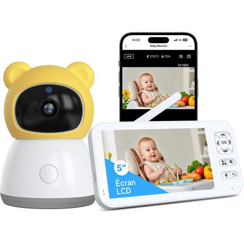 Yemaesre-Moniteur Vidéo Pour Bébé 2k 5"" Babyphone Avec Caméra Et Audio, Contrôle Via App, Vision Nocturne, Rotation À 360°, Suivi Automatique, Détection De Zone Personnalisée, Zoom 4x