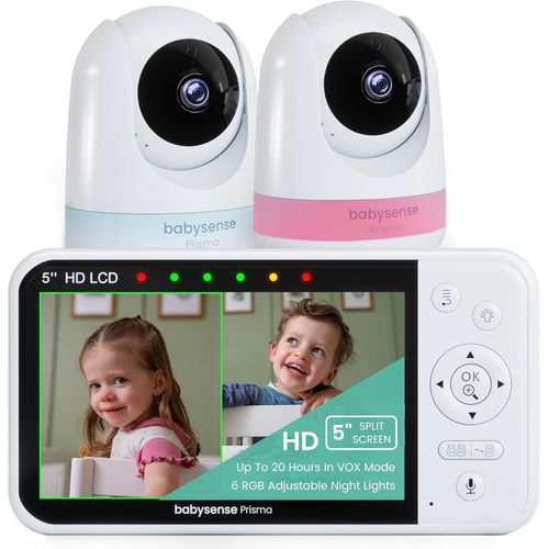 Yemaesre-Prisma Babyphone Vidéo Hd 5"" Avec 2 Caméras Et Audio, Veilleuse 6 Couleurs, Écran Partagé, Machine De Son Pour Bébé Avec Bruit Blanc Et Berceuses, Connexion Sans Wi-Fi Sécurisée