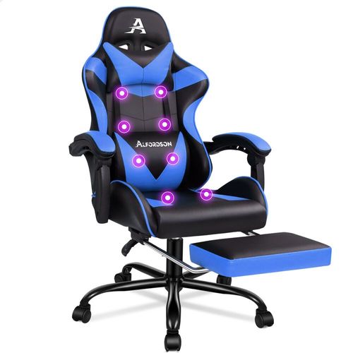Alfordson Chaise De Massage De Gaming Avec Appuie-Tête, Ergonomique, Repose-Pieds Pliable, Cuir Synthétique Respirant, Hauteur Réglable, Capacité De Charge De 180 Kg, Bleu