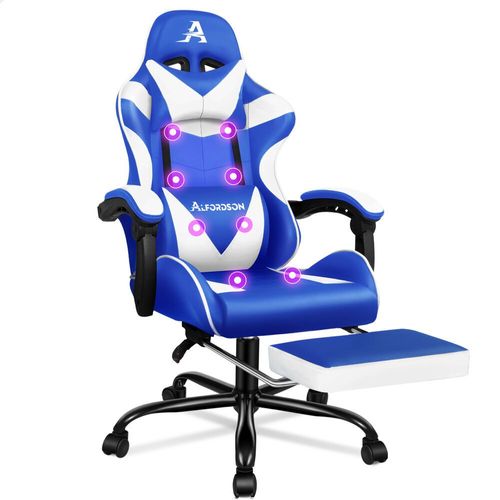 Alfordson Chaise De Massage De Gaming Avec Appuie-Tête, Ergonomique, Repose-Pieds Pliable, Cuir Synthétique Respirant, Hauteur Réglable, Capacité De Charge De 180 Kg, Bleu Et Blanc
