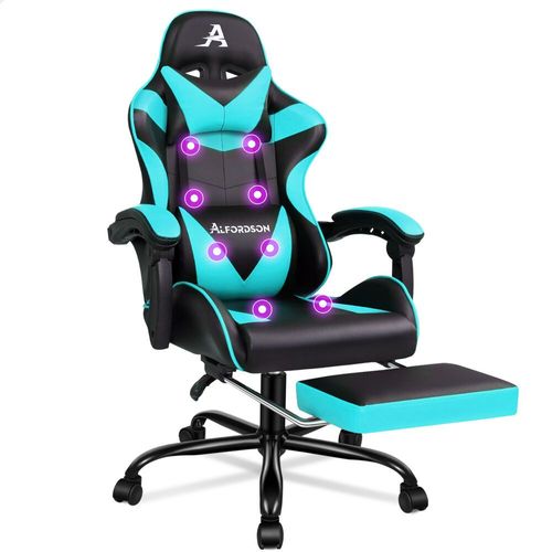 Alfordson Chaise De Massage De Jeu, Chaise De Course, Ergonomique, Avec Repose-Pieds, Pliable, En Cuir Synthétique Respirant, Hauteur Réglable, Capacité De Charge De 180 Kg, Cyan