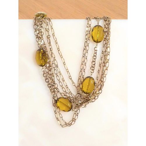 Collier En Métal Doré Avec 5 Perles En Plastique Jaune Sur 7 Chaines
