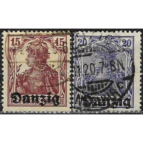 Pologne, Ville Libre De Danzig - Gdansk 1920, Beaux Timbres Yvert 3 Et 4, Timbres Allemands Type "Germania" Surchargés "Danzig", 15pf. Lilas Brun Et 20pf. Bleu, Oblitérés, Tbe.