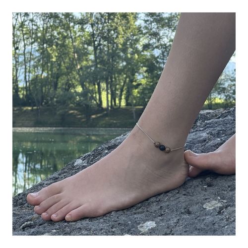 Bracelet De Cheville 1 Perle Onyx Noir Mat + Bois 8 Mm Chaîne En Acier Fabriqué En France.