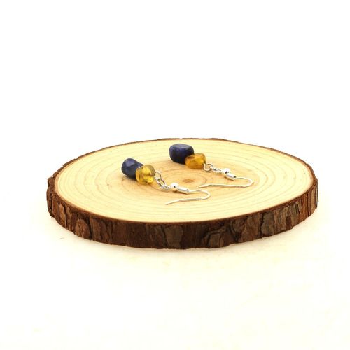 Boucles D'oreilles 2 Perles Sodalite + Opale Jaune En Acier Fabriqué En France.