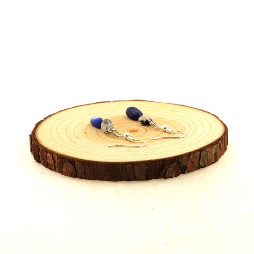 Boucles D'oreilles 2 Perles Lapis Lazuli + Quartz À Inclusions De Fabriqué En France.