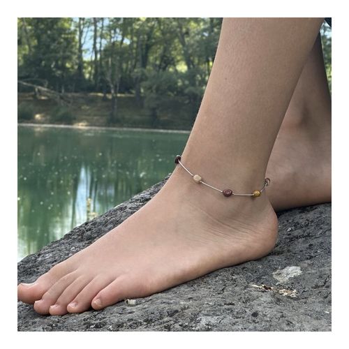 Bracelet De Cheville 5 Perles Mookaite D'australie Chaîne En Acier Fabriqué En France.