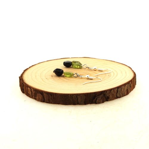 Boucles D'oreilles 2 Perles Péridot + Tourmaline Schorl En Acier Fabriqué En France.