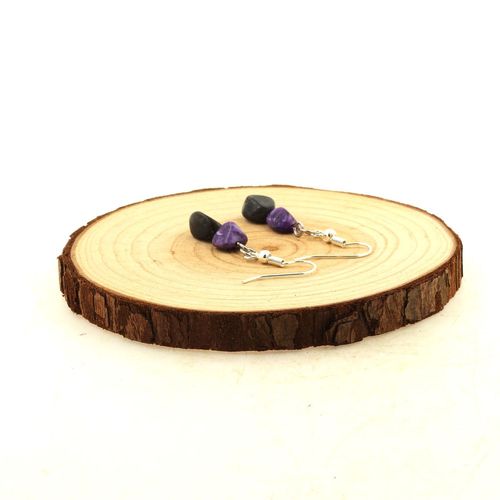 Boucles D'oreilles 2 Perles Charoite + Labradorite En Acier Fabriqué En France.