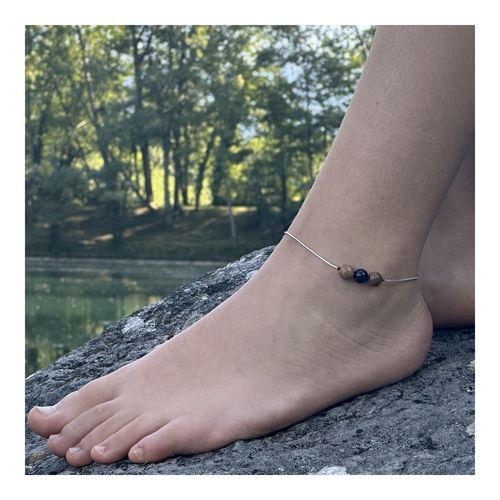 Bracelet De Cheville 1 Perle Obsidienne Noire + Bois 8 Mm Chaîne En Fabriqué En France.