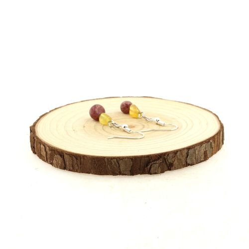 Boucles D'oreilles 2 Perles Rubis + Opale Jaune En Acier Inoxydable. Fabriqué En France.