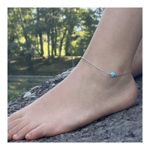Bracelet De Cheville 1 Perle Howlite Turquoise 8 Mm Chaîne En Acier Fabriqué En France.
