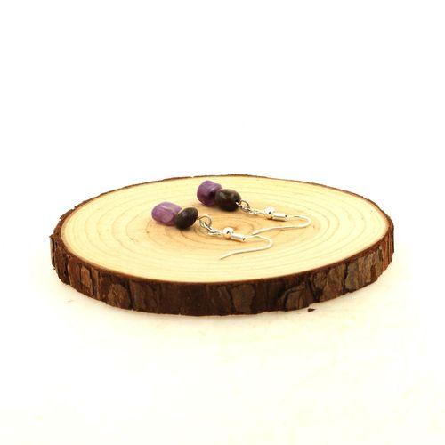 Boucles D'oreilles 2 Perles Bronzite + Charoite En Acier Inoxydable. Fabriqué En France.