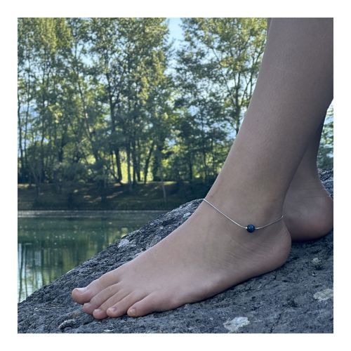 Bracelet De Cheville 1 Perle Oeil De Tigre Bleu Clair 8 Mm Chaîne En Fabriqué En France.