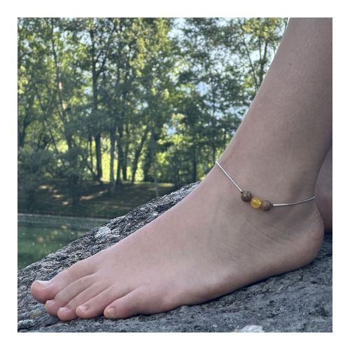 Bracelet De Cheville 1 Perle Agate Jaune + Bois 8 Mm Chaîne En Acier Fabriqué En France.