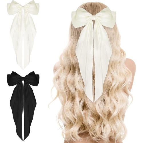 meimieshop-Lot De 2 Barrettes À Cheveux À Gros N?ud En Satin Doux Et Soyeux À Queue Longue Avec Ruban Français-Accessoires Des Années 90 Pour Fête,Saint-Valentin,Femme Et Fille(Noir+Beige)