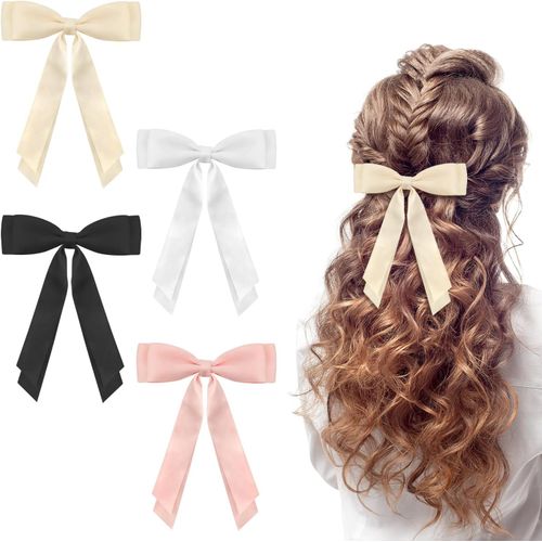 meimieshop-Lot De 4 N?uds À Cheveux En Satin Soyeux Pour Femmes,Barrettes À Cheveux Avec N?ud Français Et Rubans De Couleur Unie,Pour Filles Et Femmes.(Noir/Blanc/Rose/Beige)