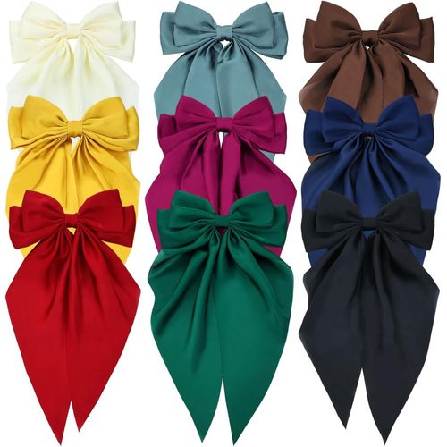 Meimieshop-Lot De 9 N?uds À Cheveux Surdimensionnés En Satin Blanc,Rose,Rouge,Bleu,Vert,Noir-Accessoires Pour Cheveux Avec N?ud Long Et Ruban À Queue Longue-Barrettes Françaises Pour Femmes Et Filles