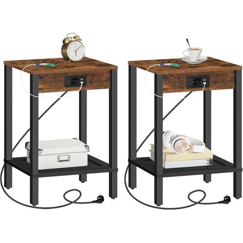 Meimieshop-Tables D¿Appoint Avec Station De Charge,Lot De 2,Tables De Chevet Avec Prise Et 2 Ports Usb,Bouts De Canapé À 2 Niveaux,Pour Chambre,Salon,Marron Rustique Et Noir Ebf91cbzp201