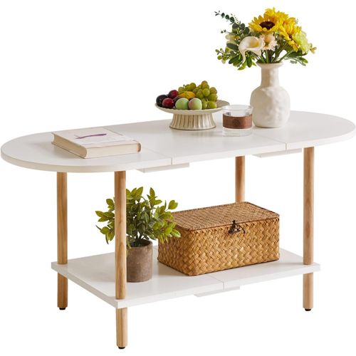 Meimieshop-Table Basse Ovale Blanche,Petite Table Basse En Bois Pour Petit Espace,Design D'épissure 35 * 16 * 17 Pouces,Table Centrale À 2 Niveaux Pour Salon Blanc Yd-011w