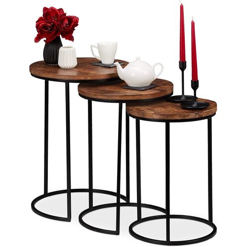 meimieshop-Table Gigogne,Jeu De 3,D¿Appoint Ronde Bois De Mangue,Design Industriel,Métal Noir,3 Tailles,Couleurs,Fer,57,5X41X41cm
