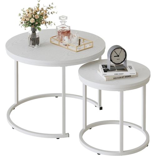 Meimieshop-Lot De 2 Tables Basses Rondes-Table De Salon-Table Basse En Bois-Table D'appoint-Table Basse Pour Salon,Chambre À Coucher,Bureau,Balcon-Structure En Métal Blanc Et Plateau Blanc