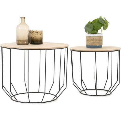 Meimieshop-Tables Gigognes Bois & Metal Rondes,Table Basse Lot De 2,Petite Table Basse Gigogne Design Industriel,Tables D'appoint Pour Salon & Chambre