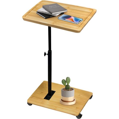 Meimieshop-Table D'appoint En Forme De C Réglable En Hauteur Avec Roulettes Petite Table Basse Latérale Rotative À 360°En Bambou Et Métal Pour Salon,Salle De Bain,Lit,Canapé Et Café