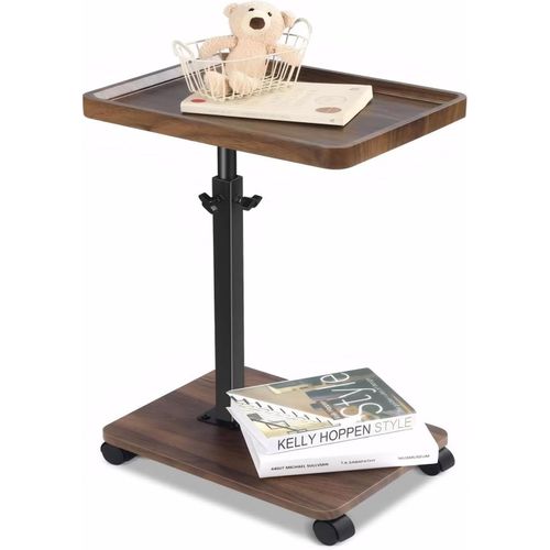 Meimieshop-Table D'appoint En Bois Avec Roulettes Et Hauteur Réglable(45-80cm)-Table Basse En Forme De C Avec Rotation À 360°-Design À 2 Niveaux-Finition Noyer-Pour Salon,Canapé,Lit