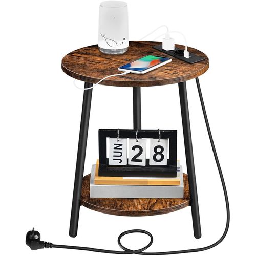 Meimieshop-Table Basse Avec Station De Charge,Table D'appoint Ronde À 2 Niveaux,Table D'appoint De Canapé Pour Salon,Chambre,Petit Espace,Marron Rustique Et Noir Ebf67cbz01