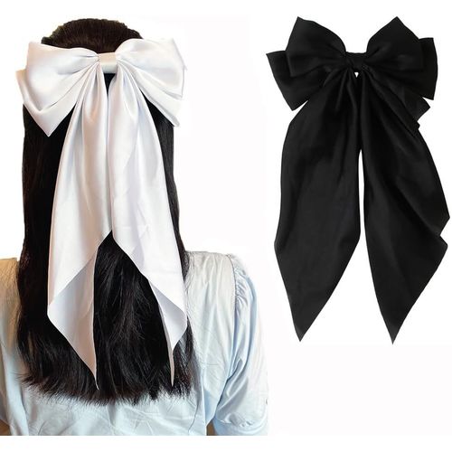 meimieshop-Lot De 2 Barrettes À Cheveux En Satin Soyeux De Couleur Unie Avec Ruban Français-Accessoires Pour Cheveux Avec Pince À Ressort(Noir+Blanc)