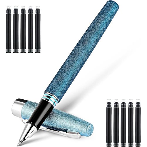 Meimieshop-Stylo Plume En Métal Avec Finition Givrée,Pointe Extra Fine 0,38 Mm,Calligraphie Avec 10 Cartouches,Fantaisie Pour Femme Homme,Bureau,École,Cadeau(Bleu)