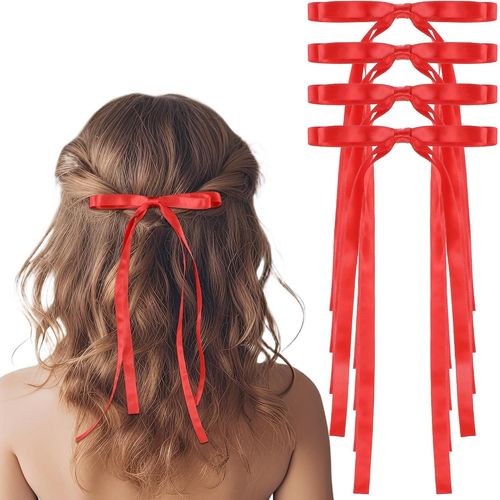 Meimieshop-Lot De 4 N?Uds À Cheveux Pour Femme,Pinces À Cheveux En Ruban Rouge,Accessoires De Cheveux Longs En Satin Solide