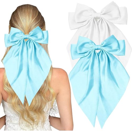 meimieshop-Lot De 2 Barrettes À Cheveux En Satin-Élégantes Avec Grand N?ud Et Rubans-Accessoire De Cheveux Pour Femmes Et Filles-Pour Mariage,Noël,Anniversaire(Blanc+Bleu)