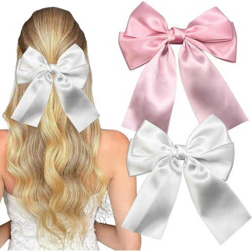meimieshop-Lot De 2 Barrettes À Cheveux Courtes En Satin Avec Pince-Avec Petit N?ud Et Rubans-Accessoire De Cheveux Pour Femmes Et Filles-Pour Mariage,Noël(Blanc Pur+Rose)