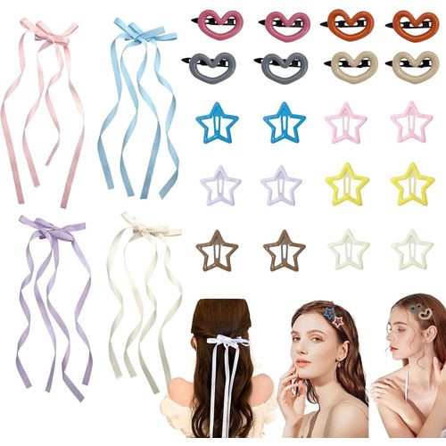 Meimieshop-24 Pièces Barettes Cheveux Fille,Pince Cheveux Etoiles Et Coeur,Pince A Cheveux Colorées Pince Plate Cheveux Petite,Noeud Cheveux Avec Long Ruban Bijoux Cheveux Mignons Pour Femme Et Fille