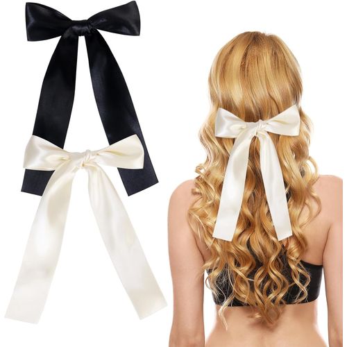 meimieshop-Lot De 2 N?uds À Cheveux Pour Filles,Barrettes À Cheveux Avec N?ud,Accessoires De Cheveux Pour Filles Et Femmes,En Ruban De Satin(Noir,Beige)