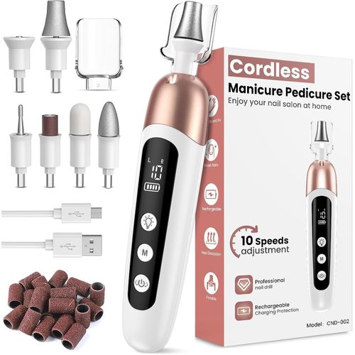Meimieshop-Set De Manucure/Pédicure,Kit Manucure Pedicure Sans Fil,Ponceuse Pour Ongles Professionnel Avec Batterie,Kit De Soin Des Ongles Électrique Avec 6 Embouts,Lumière Led,Lime A Ongle Electrique 