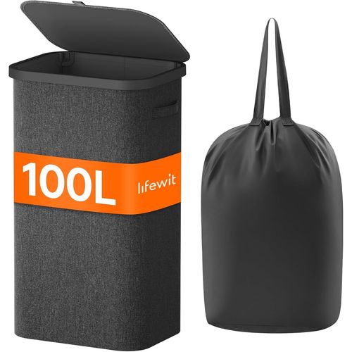 meimieshop-Panier A Linge Sale 100L,Bac A Linge Avec Couvercle,Corbeille A Linge Avec Plastique Poignées Et Sac A Linge,Grand Panier Linge Pliable Pour Buanderie,Chambre,Salle De Bain,Gris Fonçé