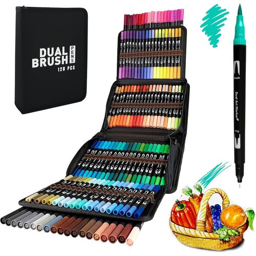 Meimieshop-Feutres Coloriage Adulte,Trousse De Marqueurs À Double Pointe Professionnels,Pointe Pinceau Et À Pointe Fine,Feutre Aquarelle À Base D'eau Pour Dessins Et Calligraphie(120 Unités)