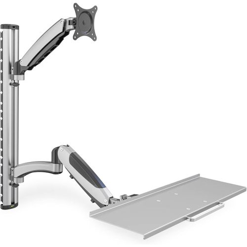 NAERYUT-Da-90354-Standing/Sitting Workstation-Monitor Stand With Keyboard Shelf-Wall Mount-2X Gas Springs-1 Monitor-Up To 27 Inches-Vesa 75X75,100X100-Silver