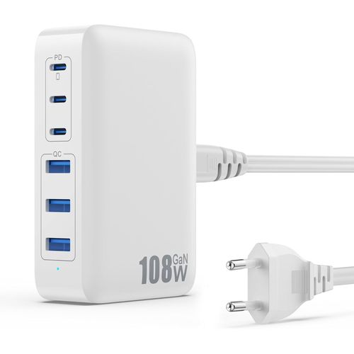 NAERYUT-108W Multi Usb C Charger,6 Ports Gan Iii Tech Fast Charger Socket Charging Station With 3 Pd&3 Qc Multi Socket Usb Station For Iphone 16/15 Airpod Ipad Huawei Sumsung Switch Etc