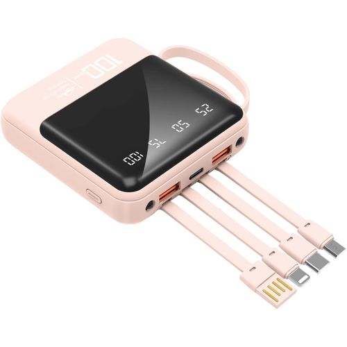 Naeryut-10000mah Mobile Phone Charger With Built-In Cables And Flashlight,External Battery,Compatible With Iphone,Samsung,Google,Lg,Ipads And More (Pink)