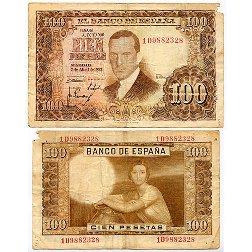 Espagne / Billet De 100 Pesetas De 1953 / Portrait De Julio Romero De Torres